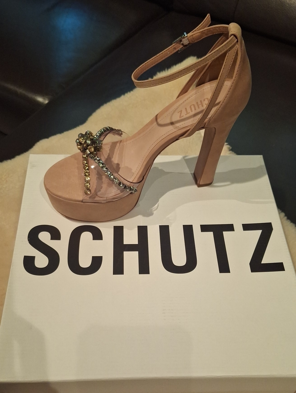 SCHUTZ Nude Blush Platform Ankle-Strap Sandal with Jeweled T‑Strap